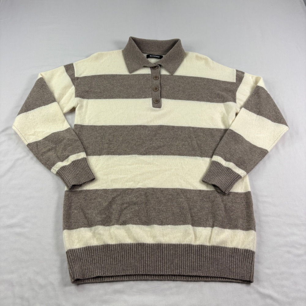 NAADAM Cream and Taupe Striped Polo Sweater